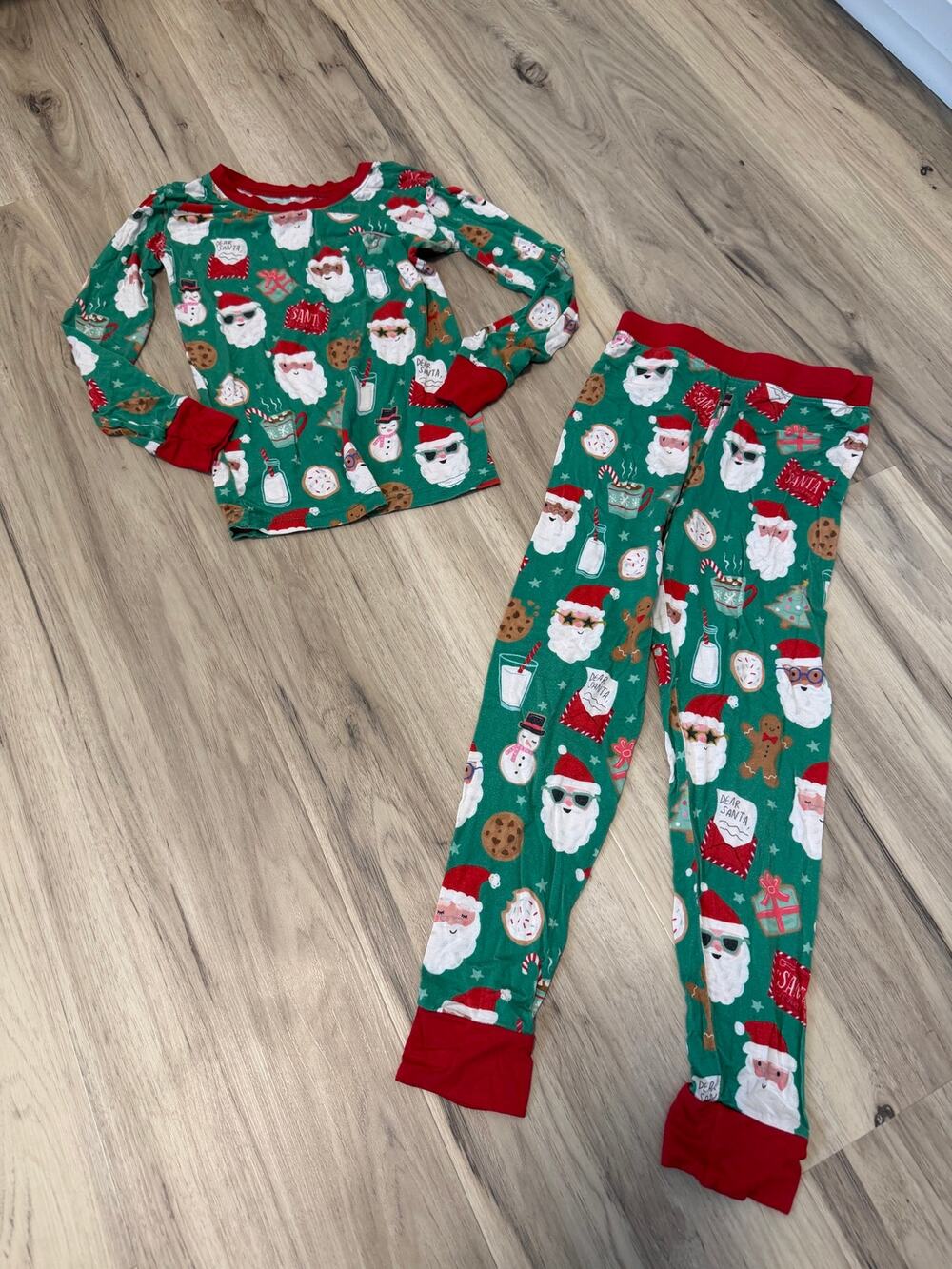 Little Sleepies Pajama Set Kids 5/6 Green Cookies for Santa Bamboo 2 Piece PJs